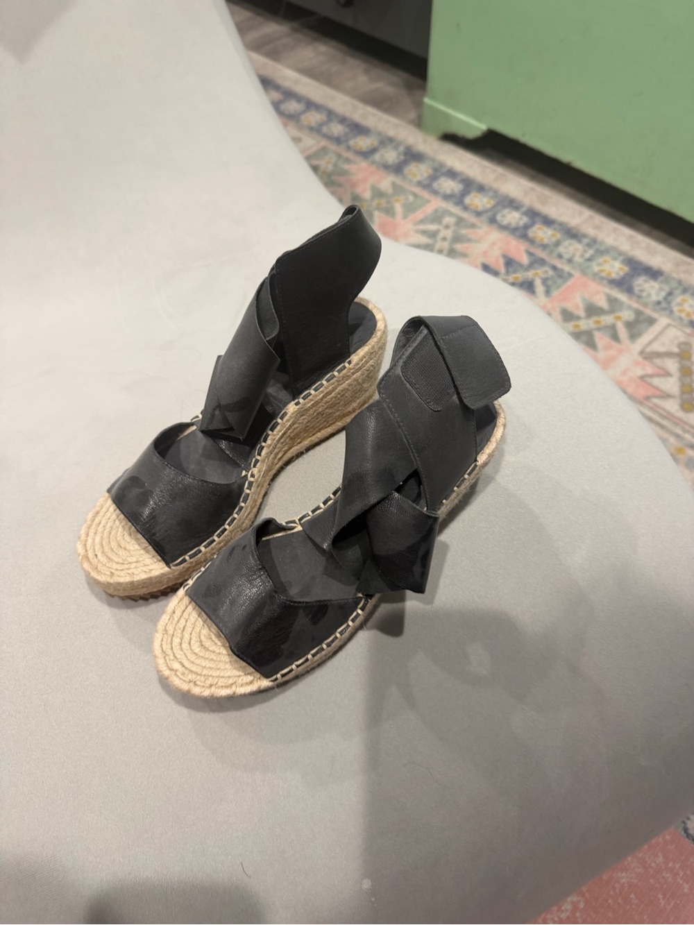 Eileen Fisher Black Leather Espadrille Wedge Sandals